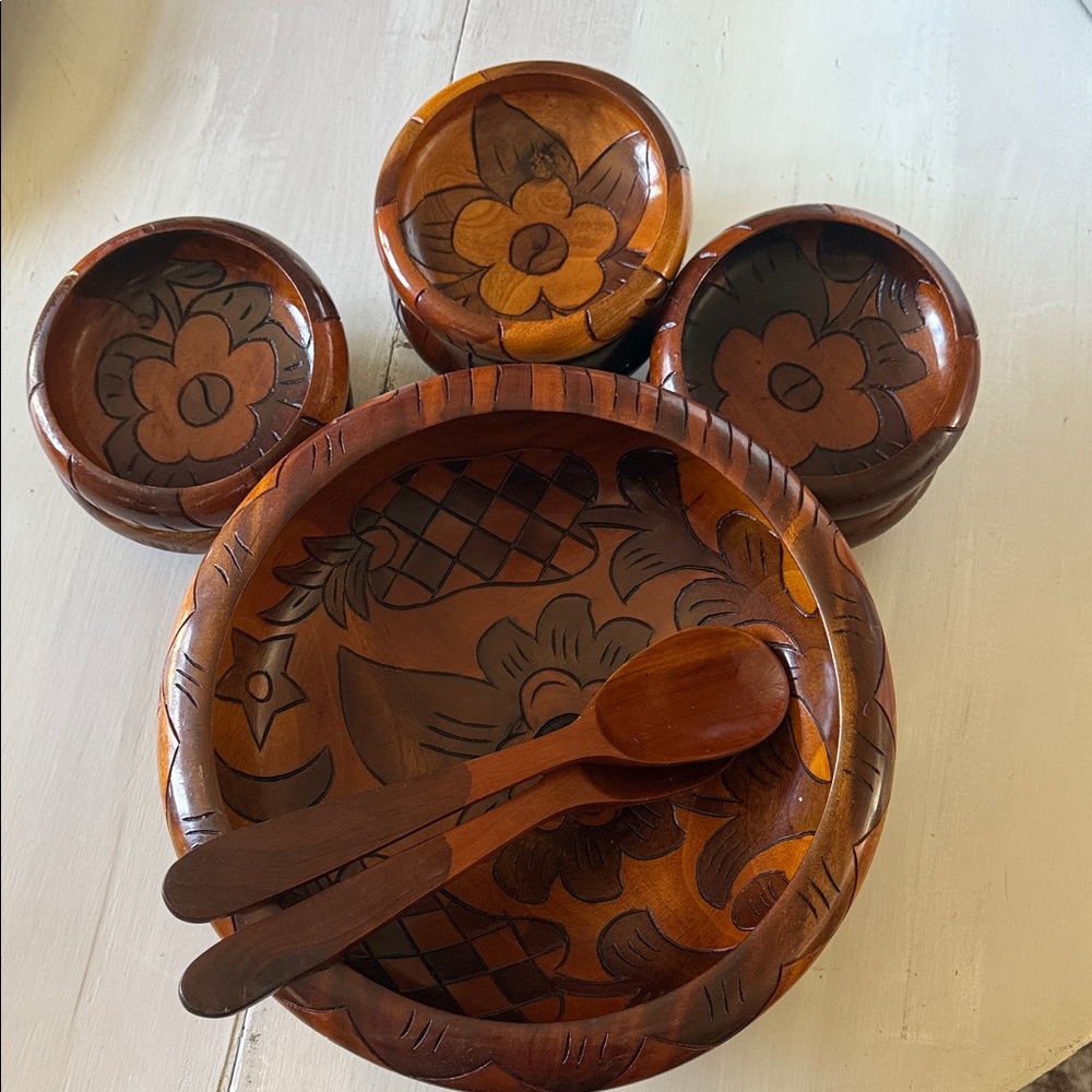 Vintage - MCM Monkey Pod - Hand Carved Wood 9 Piece Serving Set